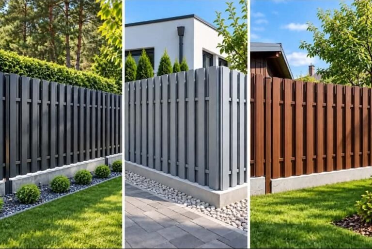 Grey and brown fence panels installed on concrete gravel boards